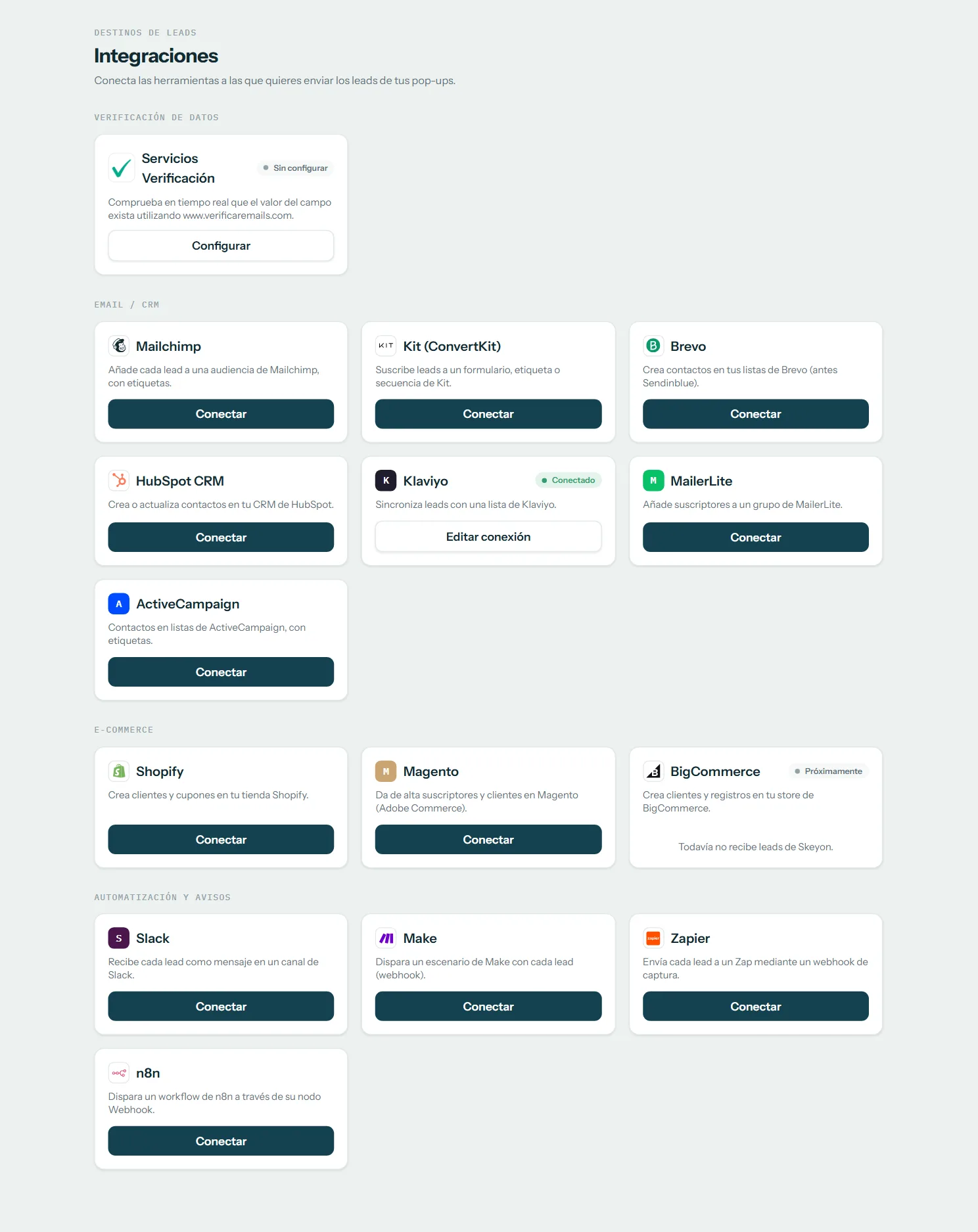 Pantalla de integraciones con las herramientas conectadas