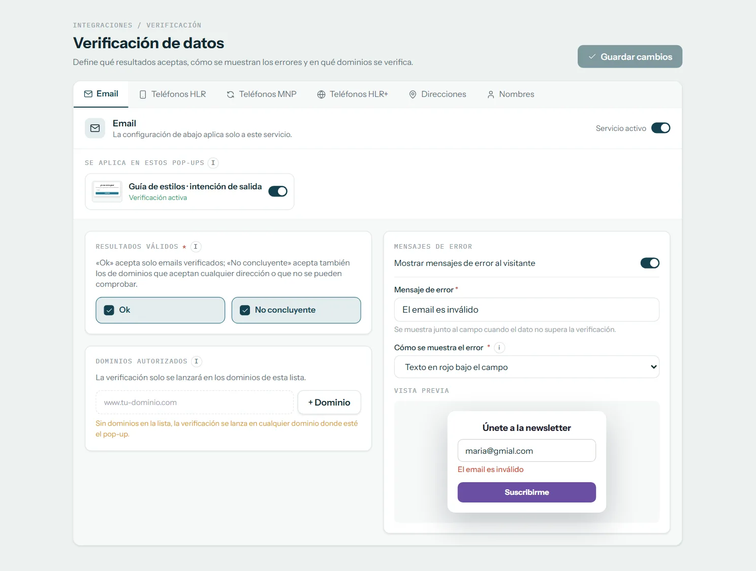 Configuración de la verificación de emails