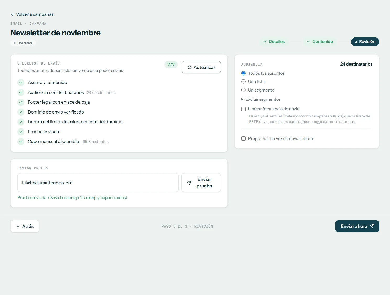 Revisión de una campaña de email con la checklist y el envío de prueba